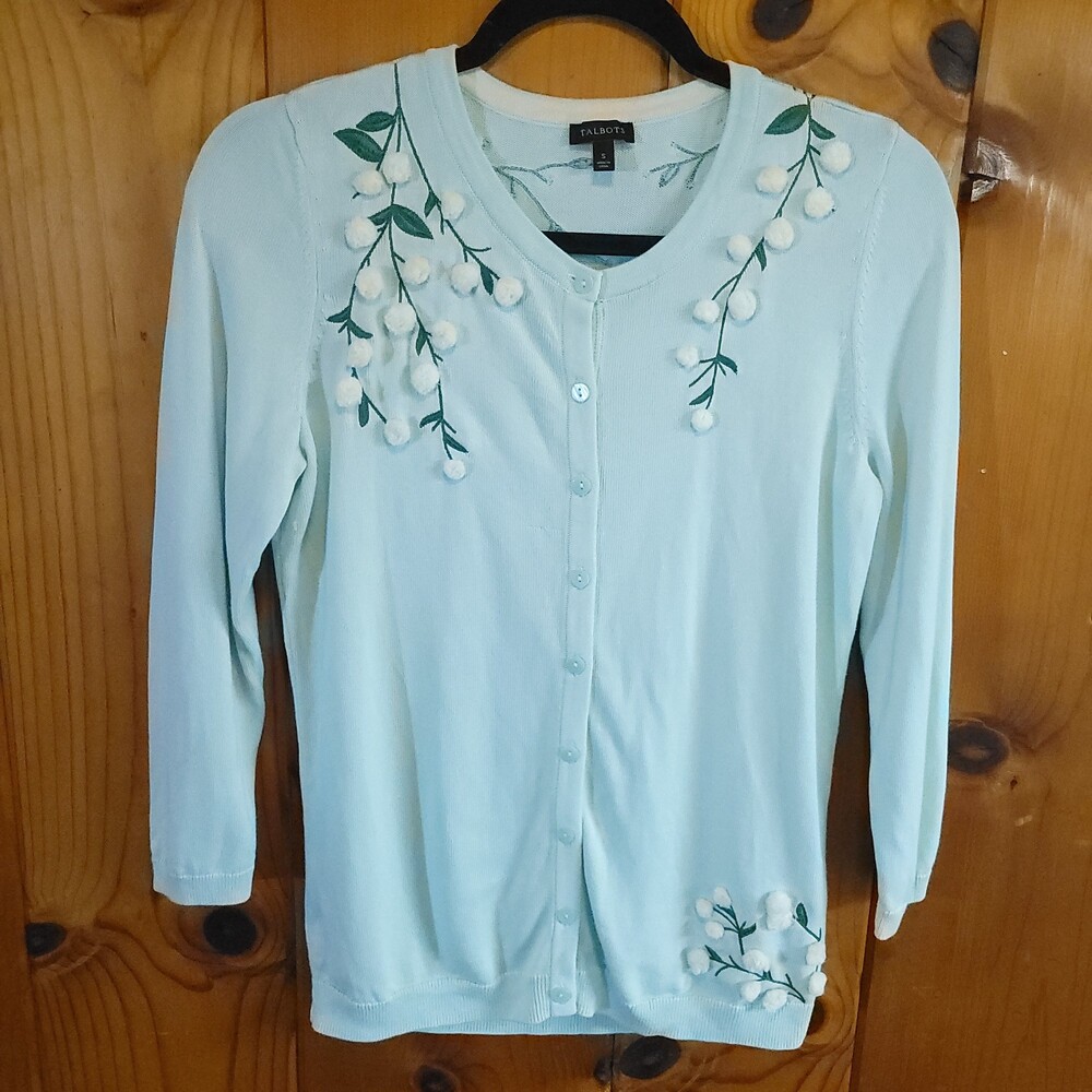 Talbots Small cottagecore grandma y2k boho Blue Embroidered Cardigan Sweater